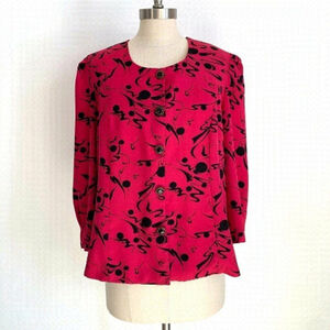 Vintage Chelsea Hot Pink Black Abstract Print Rayon Blouse Top Size 14 80s 90s
